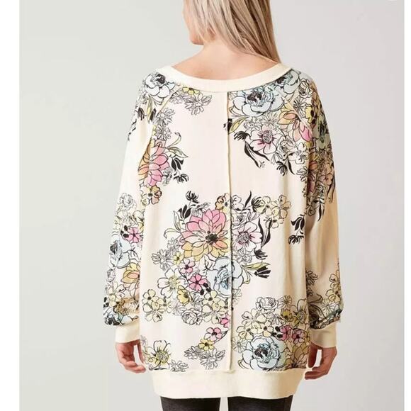 Free People Go On Floral Pastel Oversized Pullover Sweatshirt Size L - Picture 3 of 11